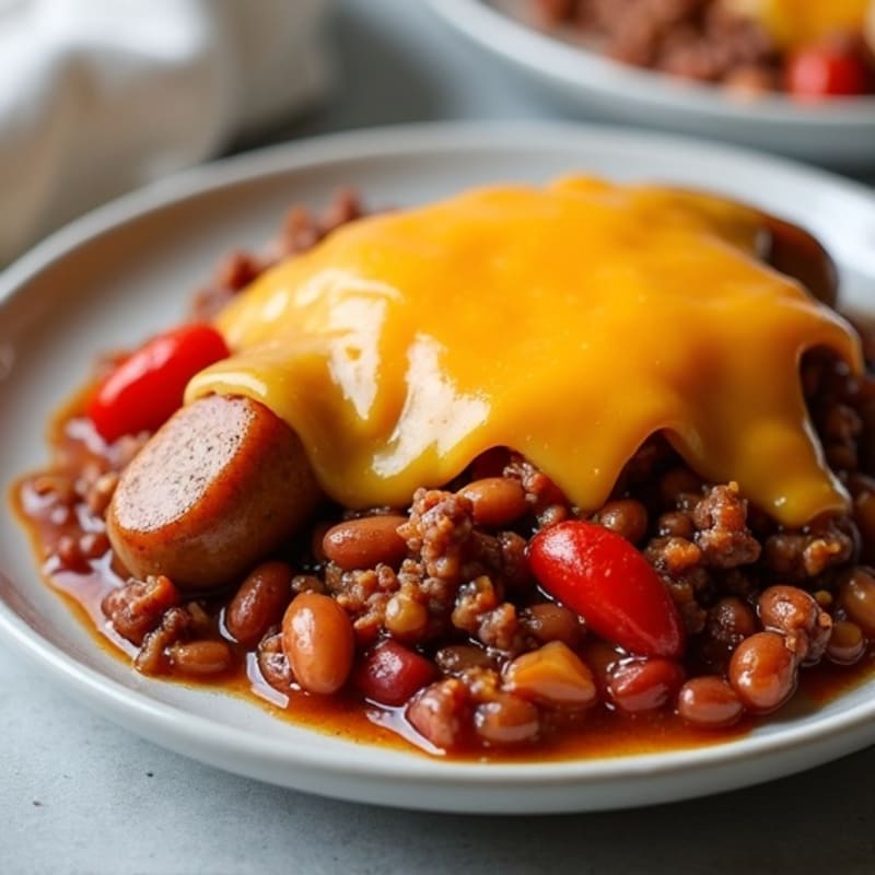 Lean Chicken Sausage with Hearty Beef and Bean Chili and Melted Sharp Cheddar