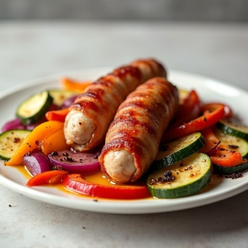 Crispy Turkey Bacon-Wrapped Chicken Sausage with Roasted Vegetables