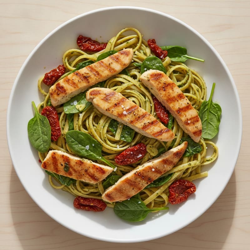Pesto Chicken Linguine with Sun-Dried Tomatoes