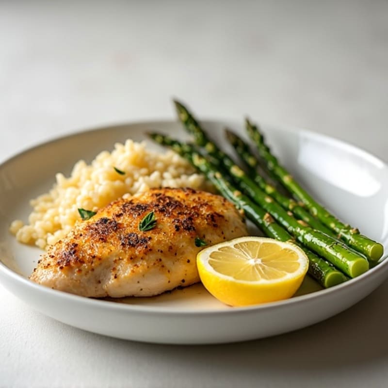 Lemon Herb Roasted Chicken with Fluffy Brown Rice and Roasted Asparagus