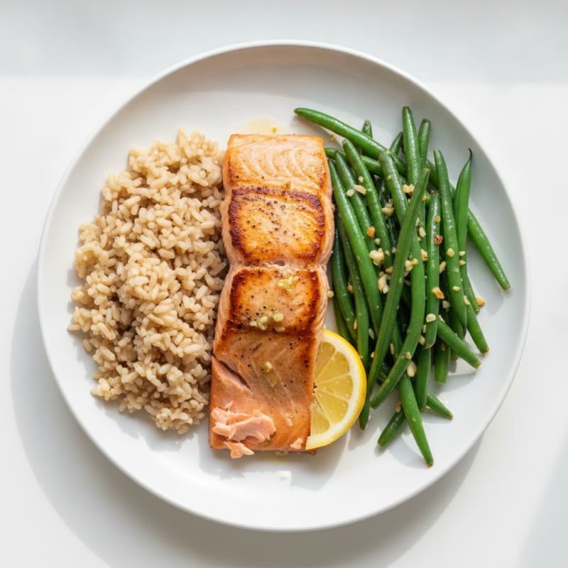 Seared Salmon with Garlic Green Beans and Brown Rice