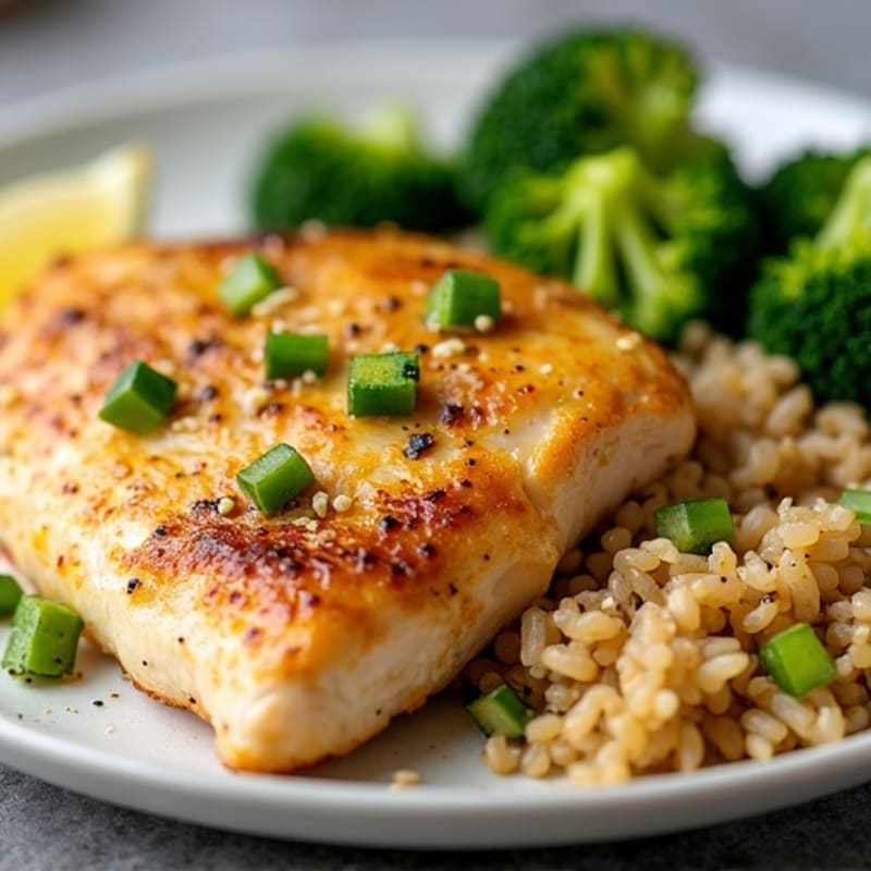 Lemon Garlic Pan-Seared Chicken Breast with Roasted Broccoli and Brown Rice