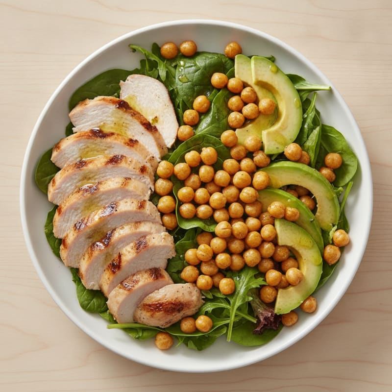 Grilled Turkey Breast Salad with Crunchy Chickpeas and Mixed Greens