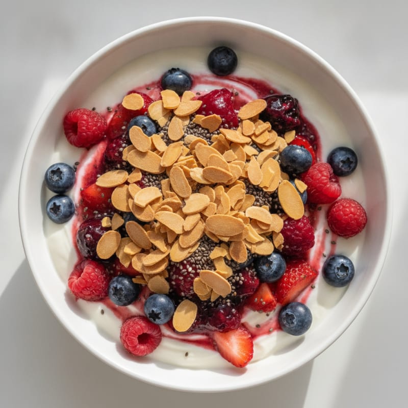 Greek Yogurt Protein Parfait with Mixed Berries and Almonds