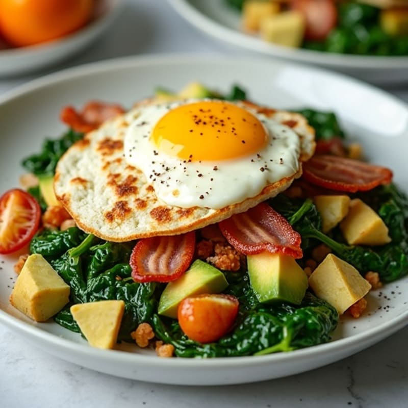 Crispy Turkey Bacon and Egg White Scramble with Sautéed Spinach