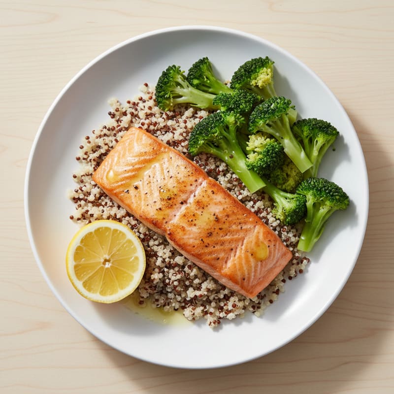 Seared Salmon Fillet with Steamed Broccoli and Quinoa
