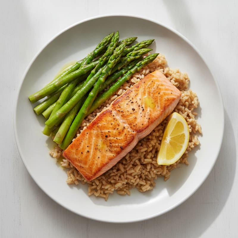 Seared Salmon with Steamed Asparagus and Brown Rice