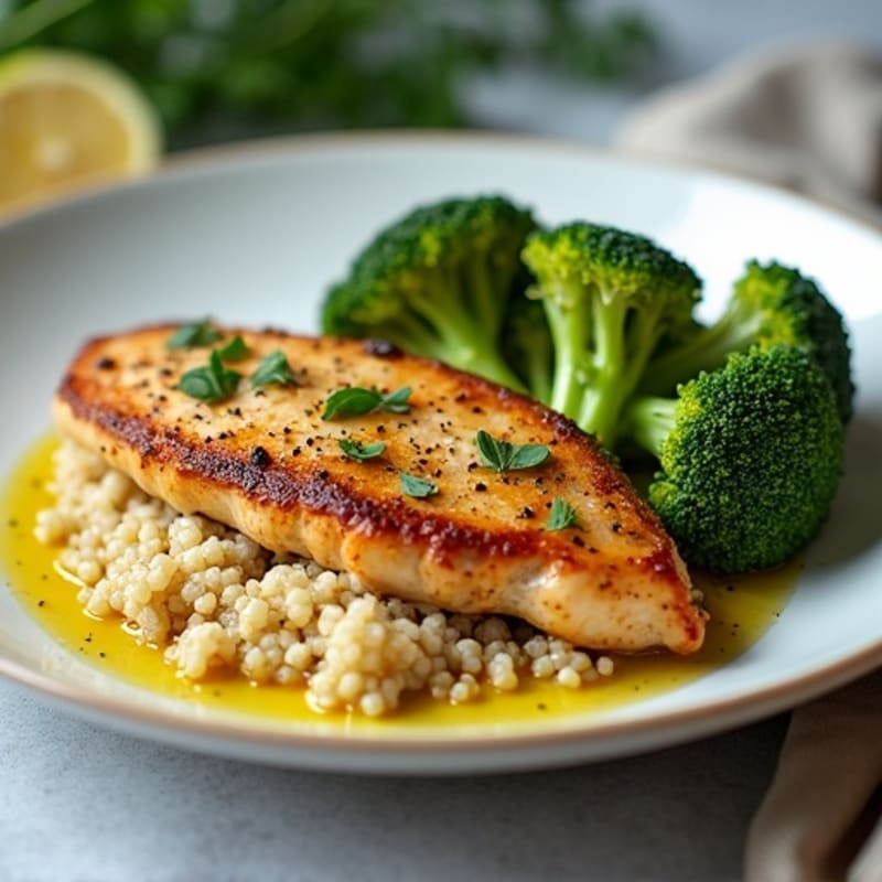 Pan-Seared Chicken Breast with Roasted Broccoli and Quinoa