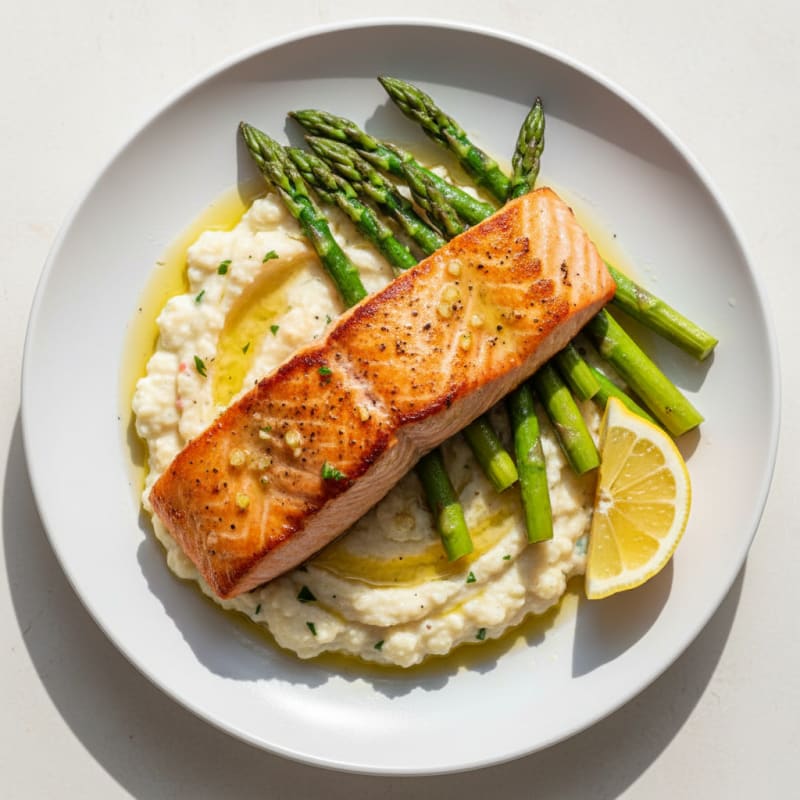 Seared Salmon with Steamed Asparagus and Cauliflower Mash