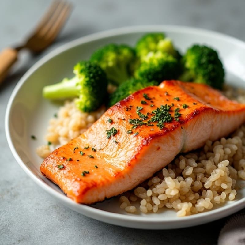 Pan-Seared Salmon with Steamed Broccoli and Brown Rice