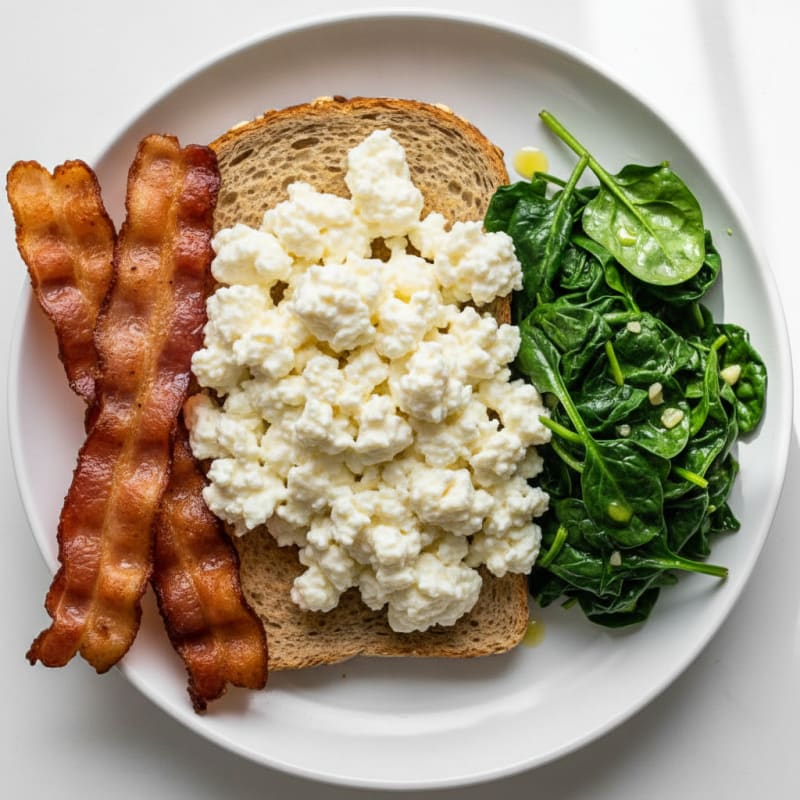 Egg White and Cottage Cheese Scramble with Turkey Bacon and Sautéed Spinach