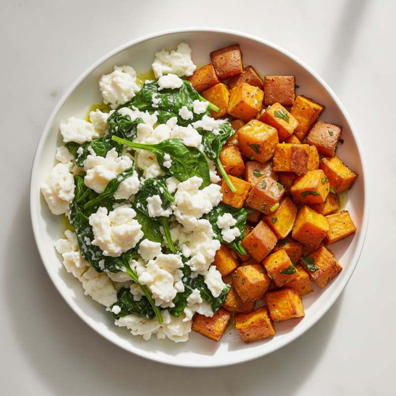 Egg White and Spinach Scramble with Roasted Sweet Potato