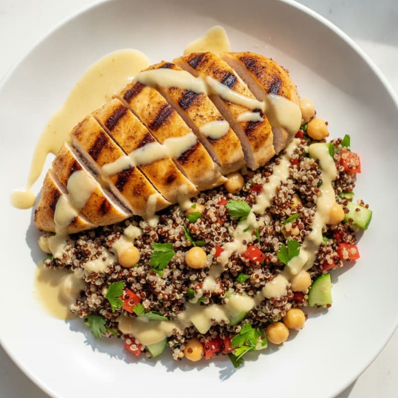 Grilled Chicken Breast with Crunchy Quinoa Salad and Lemon-Tahini Dressing