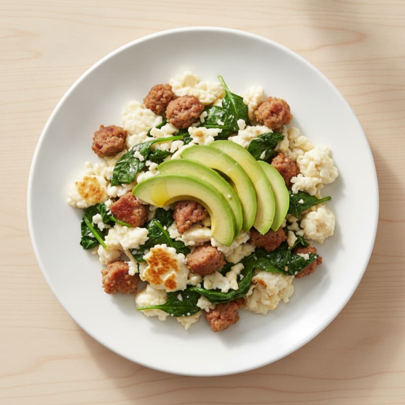 Egg White Scramble with Turkey Sausage and Sautéed Spinach