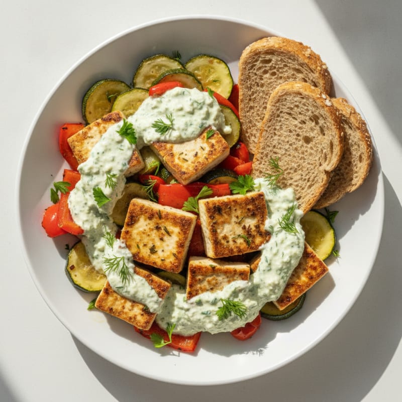 Herb-Seared Tofu with Roasted Vegetables and Fiber Bread