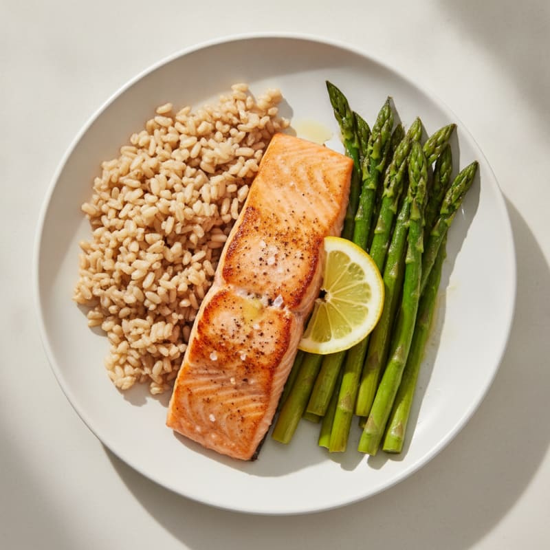 Seared Salmon with Steamed Asparagus and Brown Rice