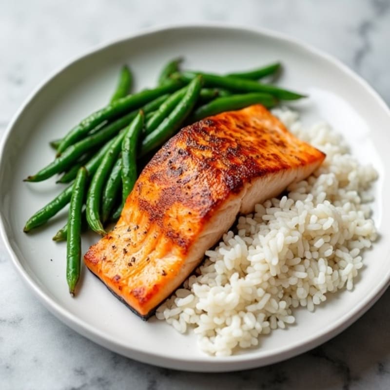Seared Salmon with Steamed Rice and Sautéed Green Beans