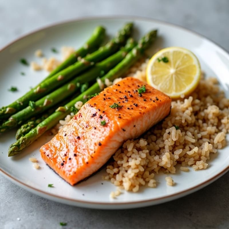 Seared Salmon with Steamed Asparagus and Brown Rice