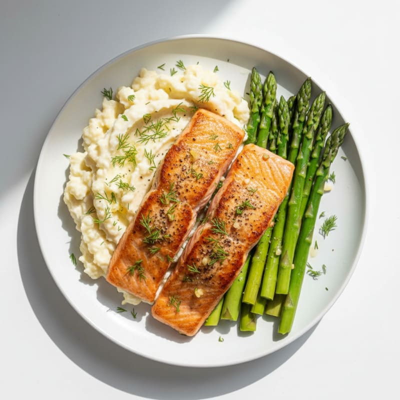 Seared Salmon with Steamed Asparagus and Cauliflower Mash