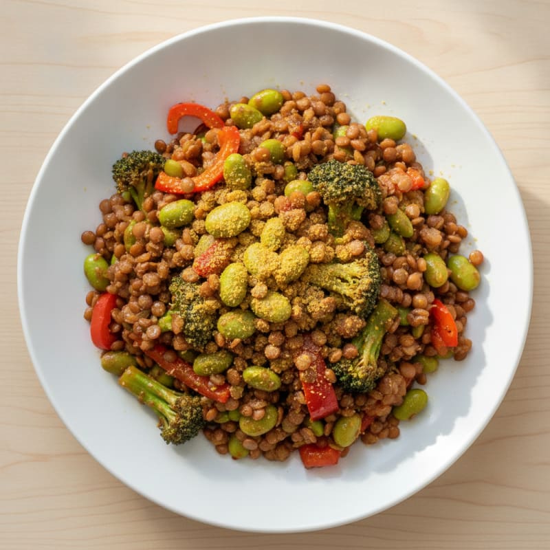 Lentil and Vegetable Stir Fry with Edamame