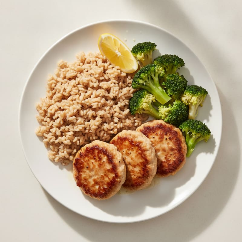 Seared Turkey Patties with Steamed Broccoli and Brown Rice