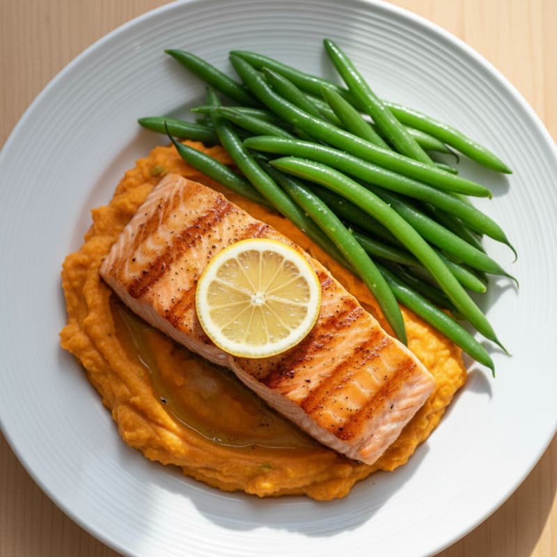 Pan-Seared Salmon with Steamed Green Beans and Sweet Potato Mash