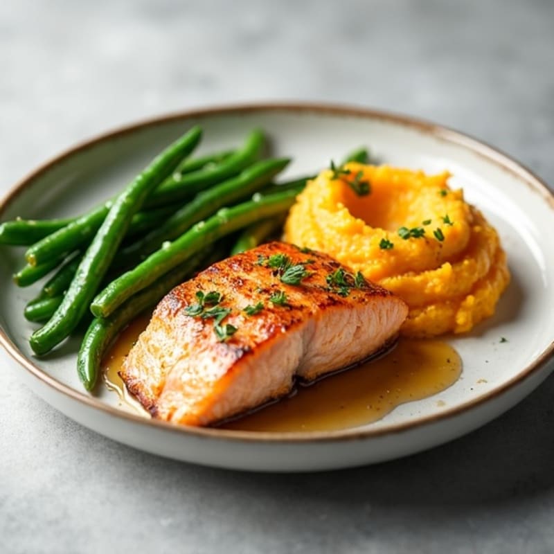 Seared Salmon with Steamed Green Beans and Mashed Sweet Potato