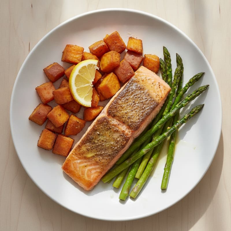 Seared Salmon Fillet with Roasted Sweet Potato and Asparagus