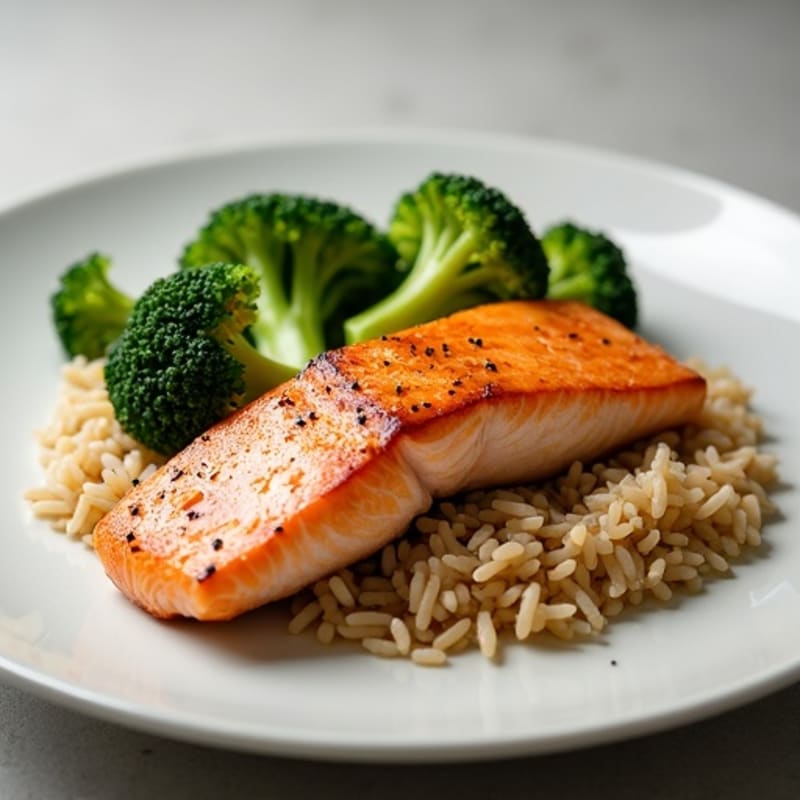 Seared Salmon with Steamed Broccoli and Brown Rice