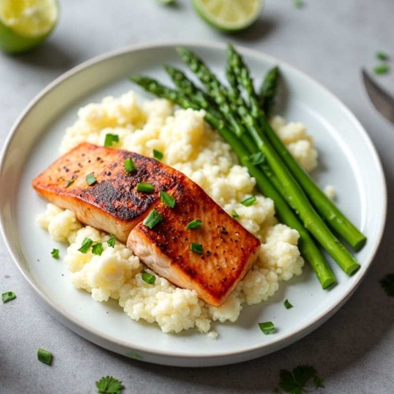 Seared Salmon with Steamed Asparagus and Garlic Mashed Cauliflower