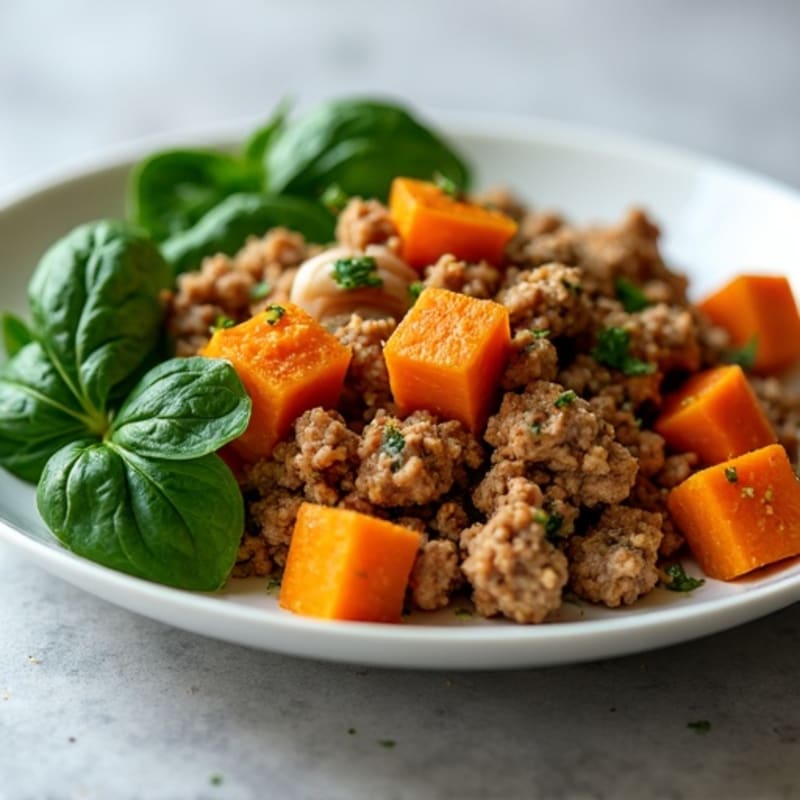 Ground Turkey and Sweet Potato Skillet with Wilted Spinach