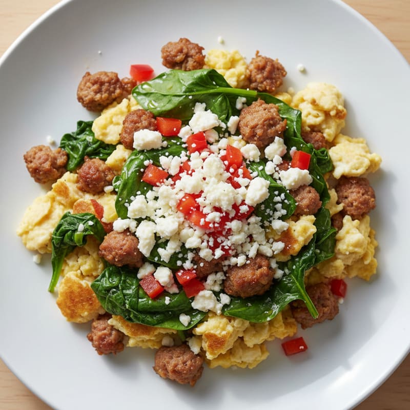 Egg White Scramble with Turkey Sausage and Sautéed Spinach