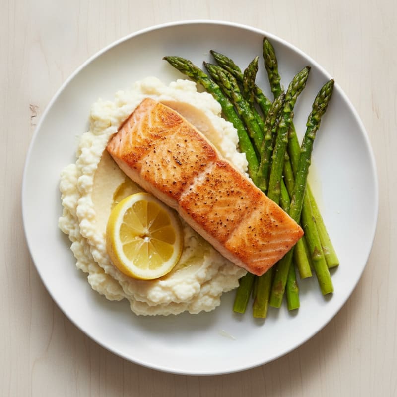 Seared Salmon with Roasted Asparagus and Cauliflower Mash