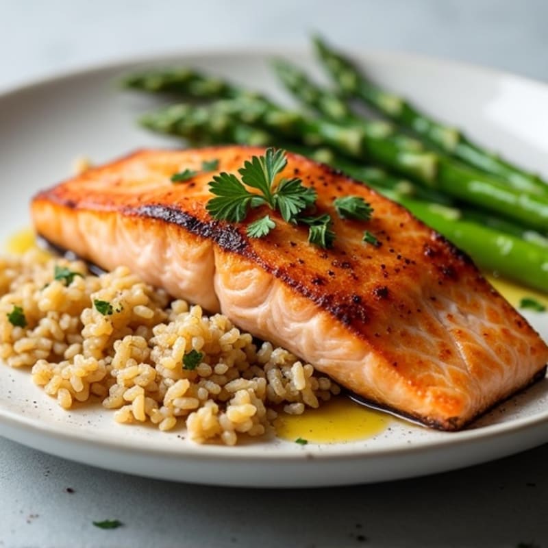 Seared Salmon with Steamed Asparagus and Brown Rice