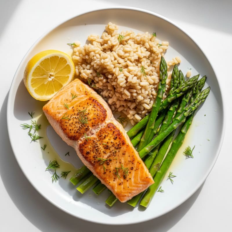 Seared Salmon with Steamed Asparagus and Brown Rice