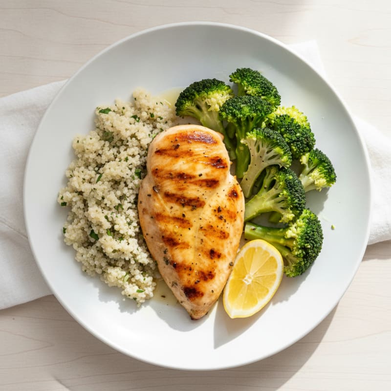 Grilled Chicken Breast with Steamed Broccoli and Quinoa