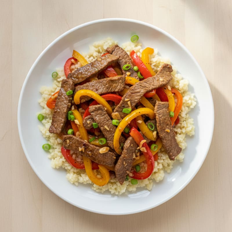 Lean Beef Stir Fry with Bell Peppers and Cauliflower Rice