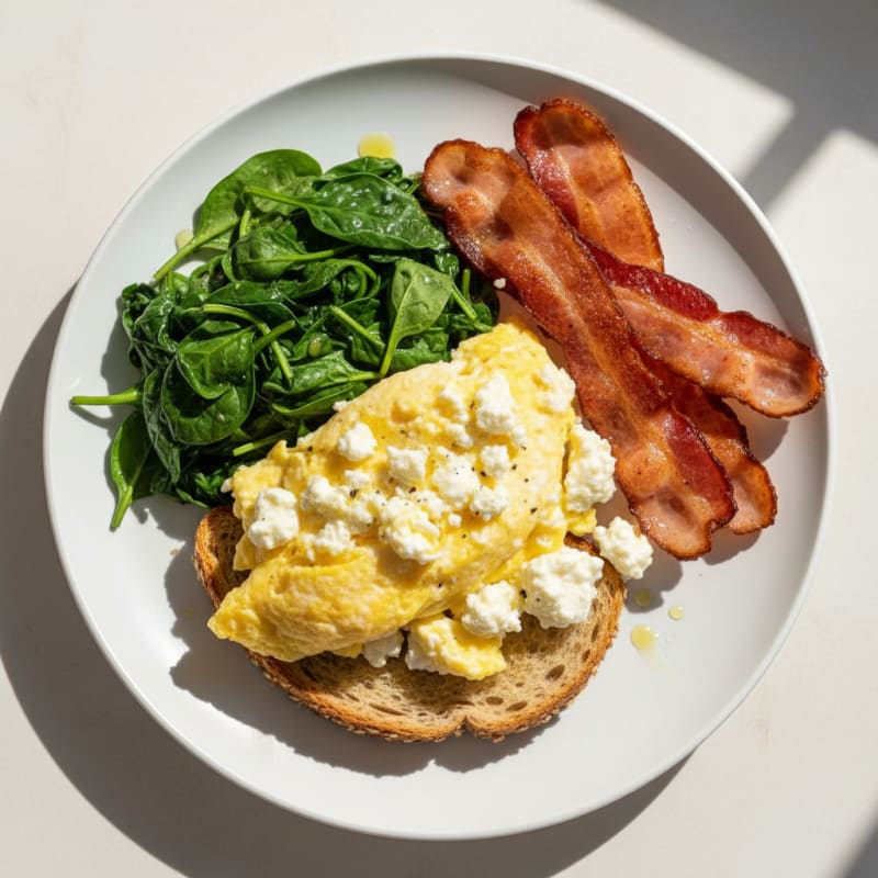Cottage Cheese Scramble with Turkey Bacon and Sautéed Spinach