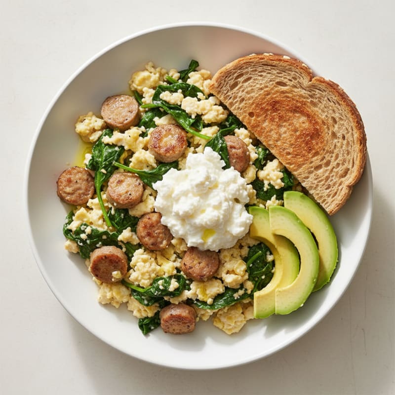 Egg White and Turkey Sausage Scramble with Cottage Cheese and Spinach