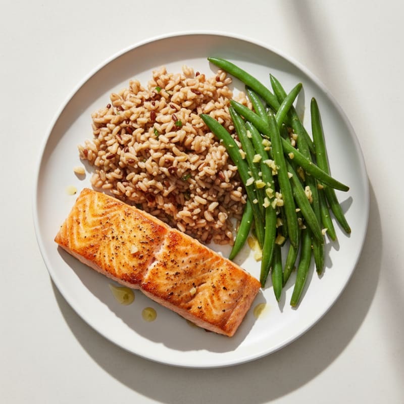 Seared Salmon with Garlic Green Beans and Brown Rice