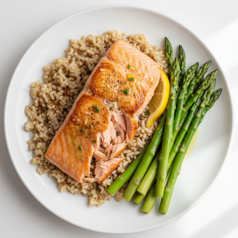 Seared Salmon with Steamed Asparagus and Brown Rice