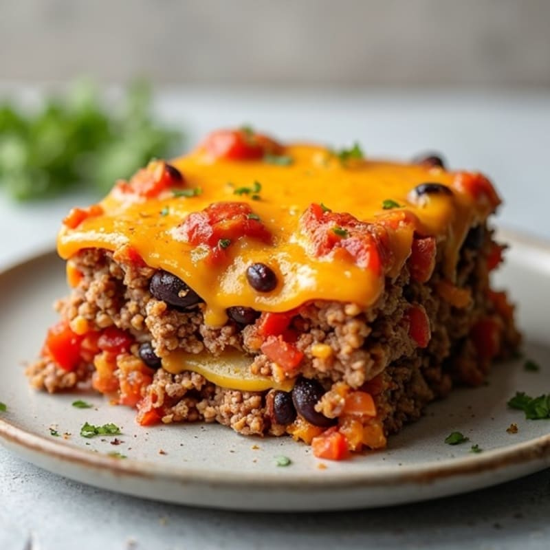 Lean Ground Beef and Black Bean Cheesy Stacked Bake