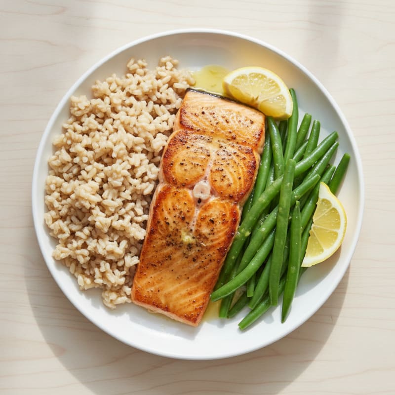 Seared Salmon with Steamed Green Beans and Brown Rice