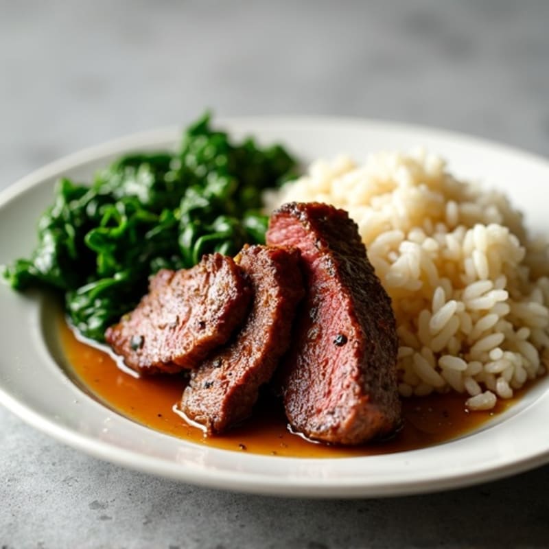 Seared Beef Strips with Garlic Rice and Sautéed Spinach