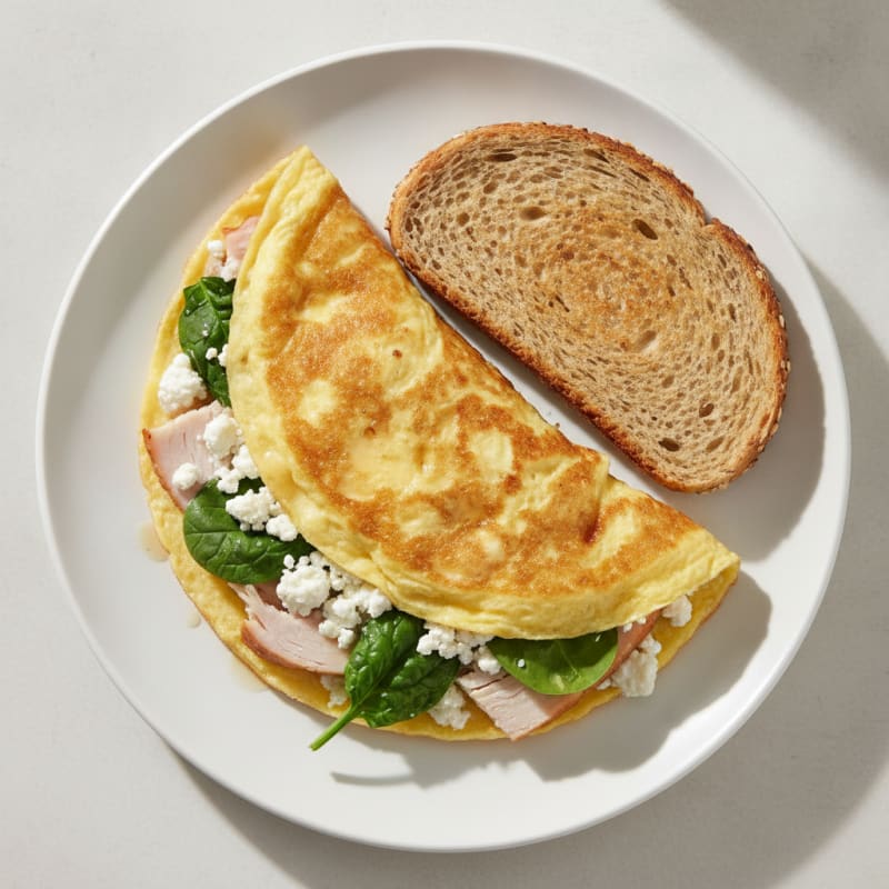 Egg White Spinach Omelet with Cottage Cheese and Sliced Turkey