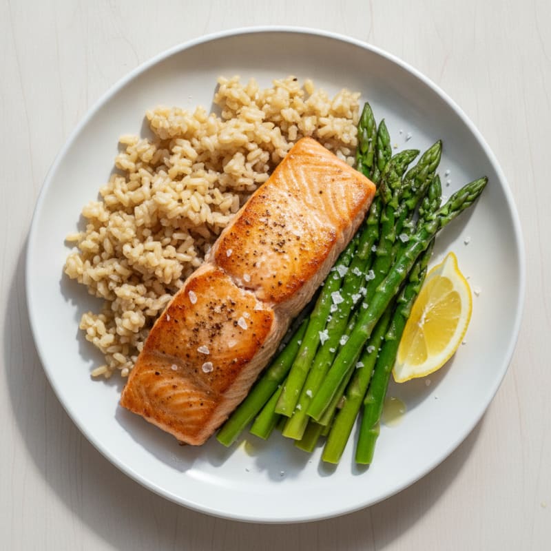 Seared Salmon with Steamed Asparagus and Brown Rice