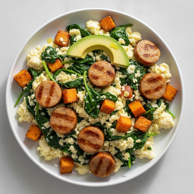 Egg White Spinach Scramble with Seared Turkey Sausage
