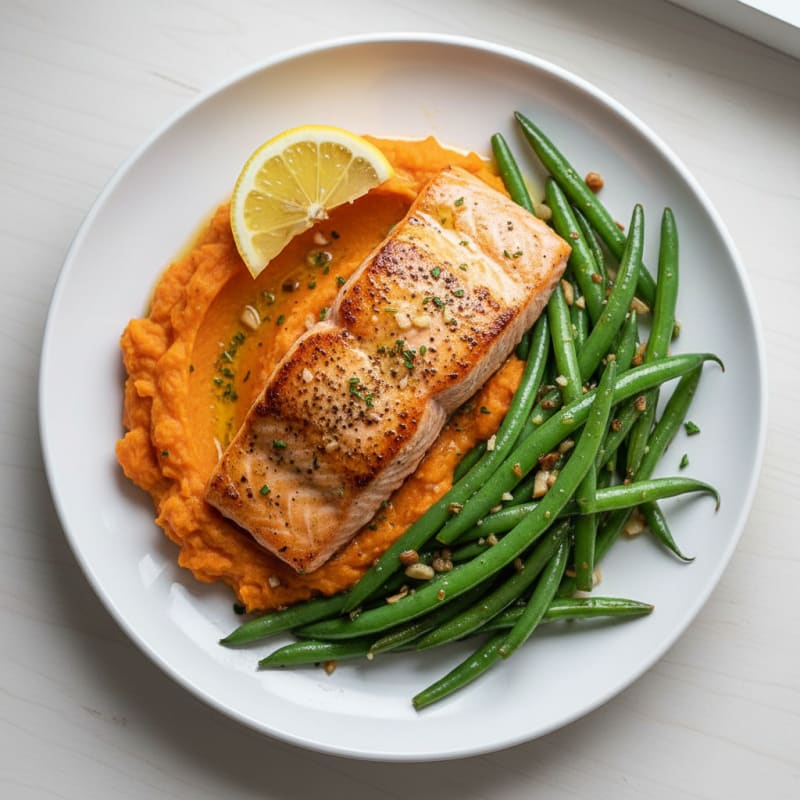 Seared Salmon with Garlic Green Beans and Sweet Potato Mash