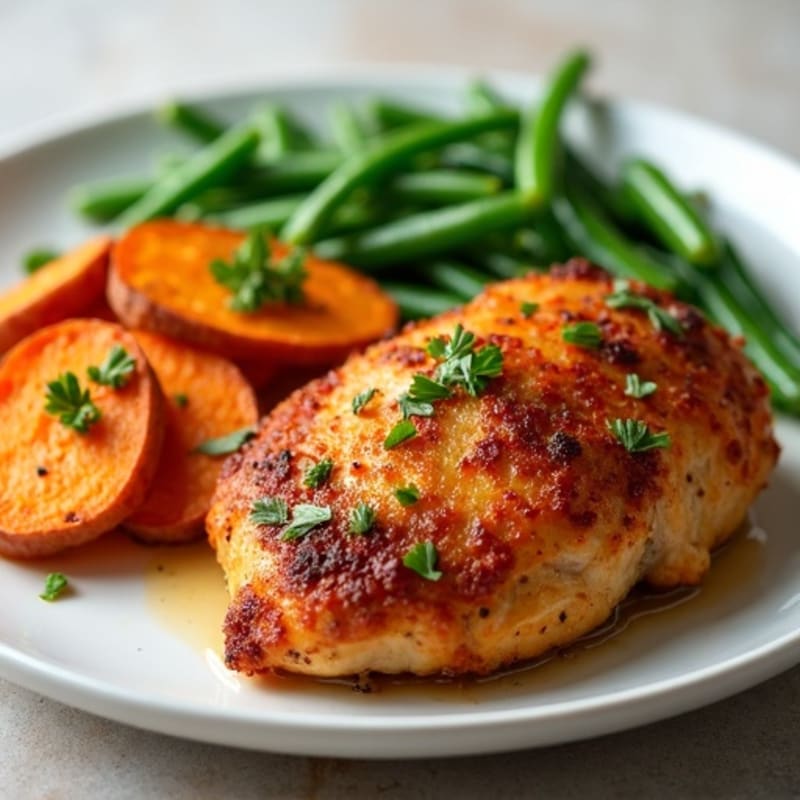 Crispy Baked Chicken Thighs with Roasted Sweet Potatoes and Green Beans