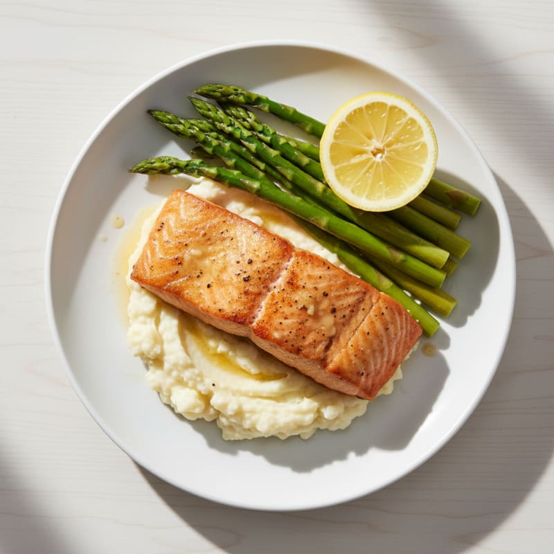 Seared Salmon Fillet with Steamed Asparagus and Garlic Mashed Cauliflower